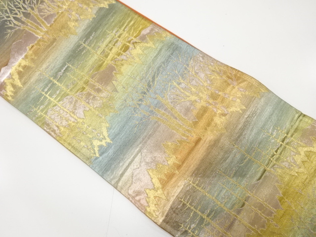 アンティーク　遠山に木立ち模様織り出し袋帯（着用可）